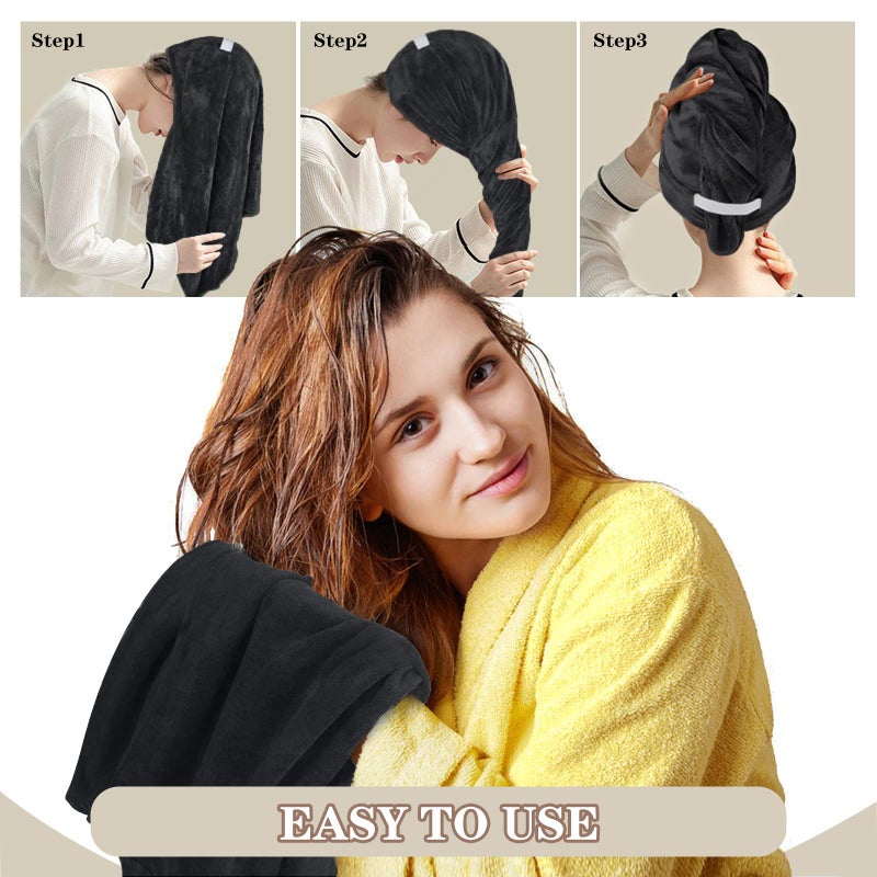 SUNLAND Microfiber Hair Towels Anti Frizz Hair Drying Towel Super Absorbent Fast Drying Turbans for Wet Curly Hair Soft Hair Towel Wrap with Elastic Band for All Hair Types 40 X 20 inches 2Pack Black - Image 3